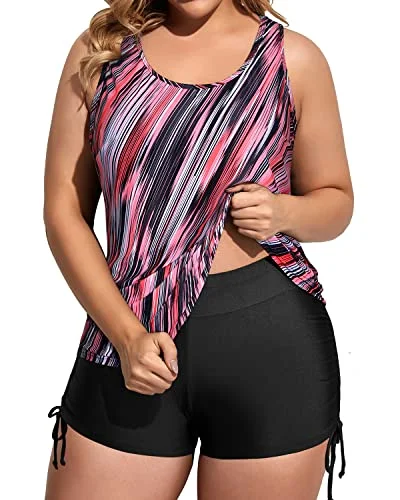 Plus Size 3 Piece Tankini Swimsuits With High Waisted Boyshort-Black And Pink Stripes