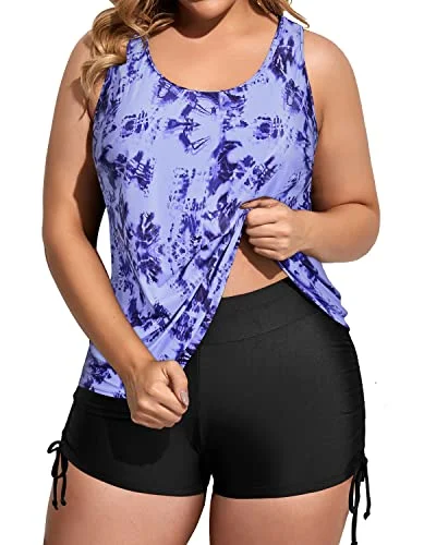 Athletic Plus Size Women's 3 Piece Tankini Swimsuits With Bikini Top And Boyshorts-Blue Tie Dye