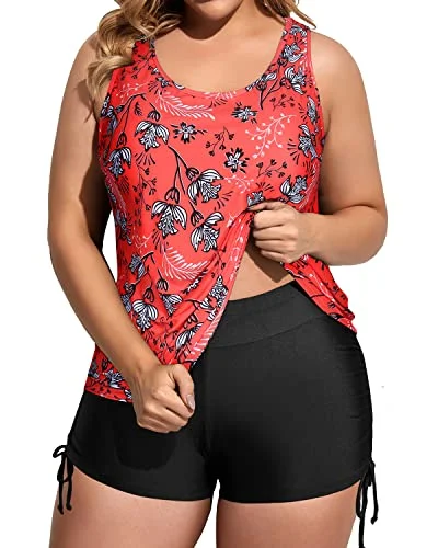 Athletic Plus Size 3 Piece Tankini Set With Sports Bra And Boyshort-Floral And Black