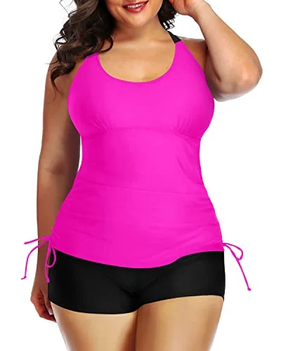 Athletic Plus Size Strappy Tankini Top Boyleg Shorts For Curvy Women-Hot Pink