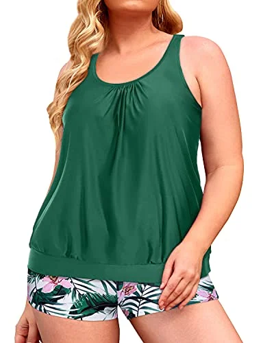 Adjustable Strap Plus Size Tankini Tops Swim Shorts For Women-Green Tropical Floral