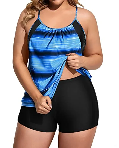 Two Piece Tummy Control Tankini Swimsuits For Women Plus Size-Blue And Black Stripe