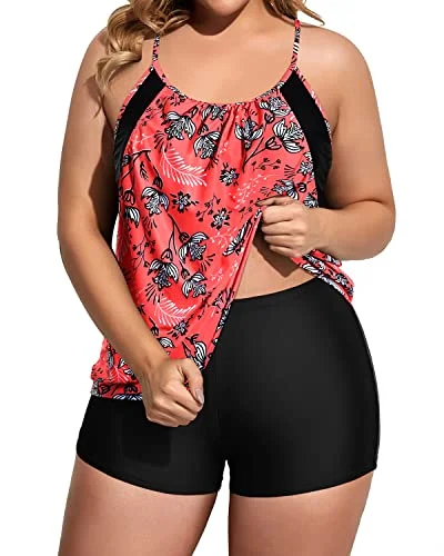 Deep Cut Two Piece Tankini Swimsuits With Boyshorts For Plus Size Women-Pink Leaf And Black