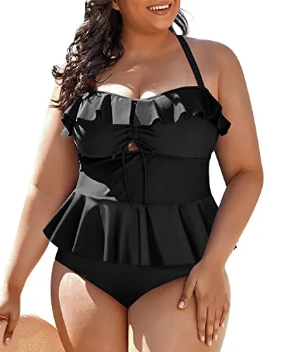 Womens Tummy Control Bathing Suits Swim Tops With Shorts Swimwear-Black