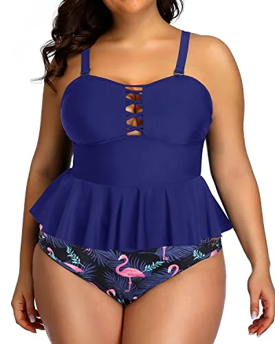 Lace Strappy Sides Bikini Bottoms Plus Size Swimsuits For Women-Blue Flamingo