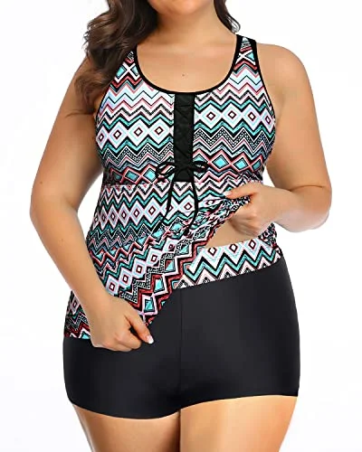 Lace Up Plus Size Two Piece Tankini Swimsuits For Women With Boy Shorts-Black Tribal