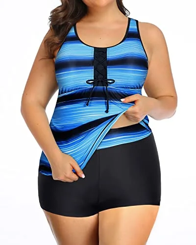 Lace Up Plus Size Two Piece Tankini Swimsuits For Women Athletic Bathing Suits-Blue And Black Stripe