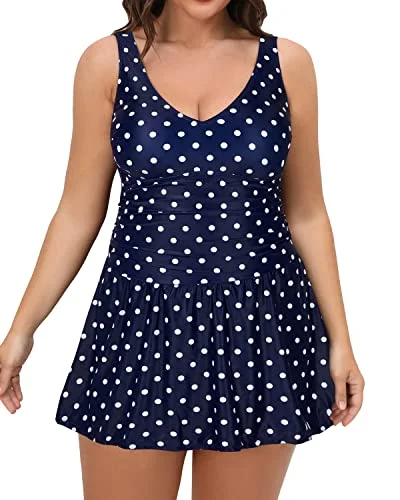 Women Plus Size One Piece Swim Dress Tummy Control-Blue Dot