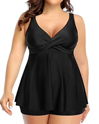 Plus Size Tankini Swimsuit Tummy Control Bathing Suits For Women-Black