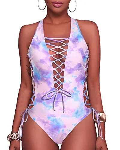 Sexy Strappy Plunge V Neck One Piece Swimsuits-Tie Dye