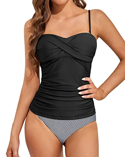 Modest Two Piece Bandeau Tankini With Swim Shorts-Black Stripe