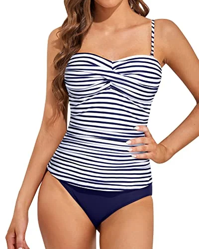 Flattering Tummy Control Bandeau Tankini Bathing Suits-Blue White Stripe