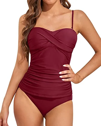 Long Bandeau Tankini Bathing Suits For Women-Maroon