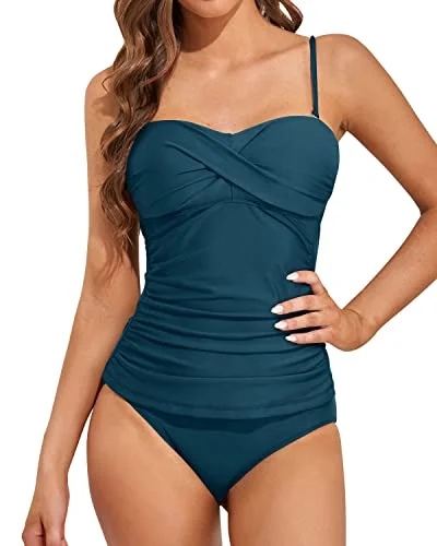 Adjustable Strapless Bandeau Tankini Bathing Suits For Women-Teal