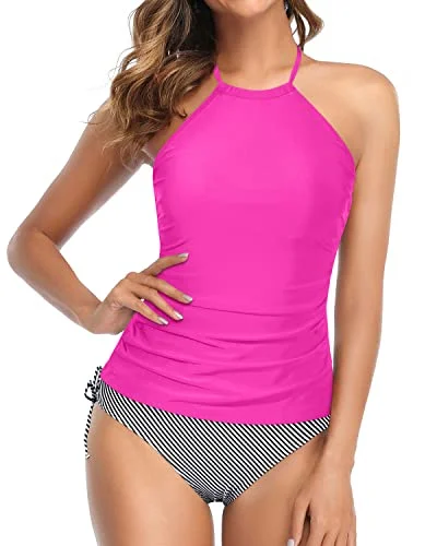 Full Coverage Backless Tankini With Shorts For Women-Hot Pink Stripe