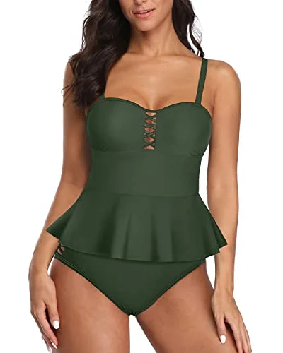 Peplum Tankini Top With High Waisted Swim Bottom 2 Piece Swimsuits-Army Green