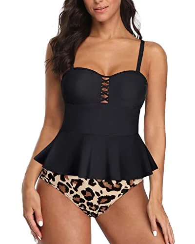 Peplum Tankini Top With High Waisted Bikini Bottom 2 Piece Swimsuit-Black And Leopard