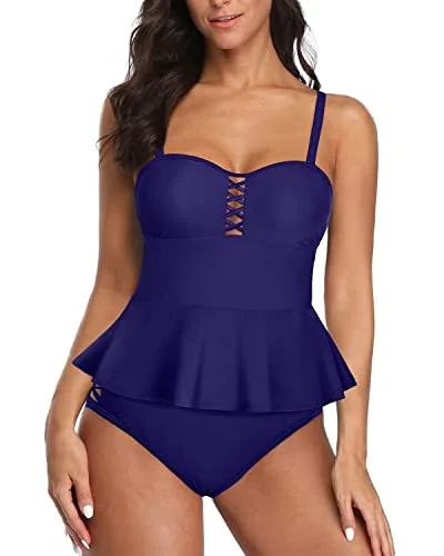 Vintage Women's Lace Up Front Design Peplum Tankini Swimsuit-Navy Blue