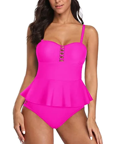 Peplum Tankini Swimsuit For Women 2 Piece Tummy Control Bathing Suits-Neon Pink