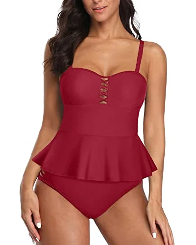 Flounce Waist Tankini 2 Piece Swimsuits Tummy Control Bathing Suits-Red