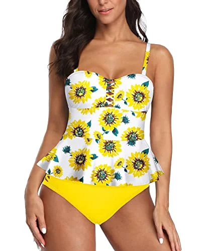 Ruffle Women Tankini Swimsuits Tummy Control Bathing Suits-Yellow And Sunflower